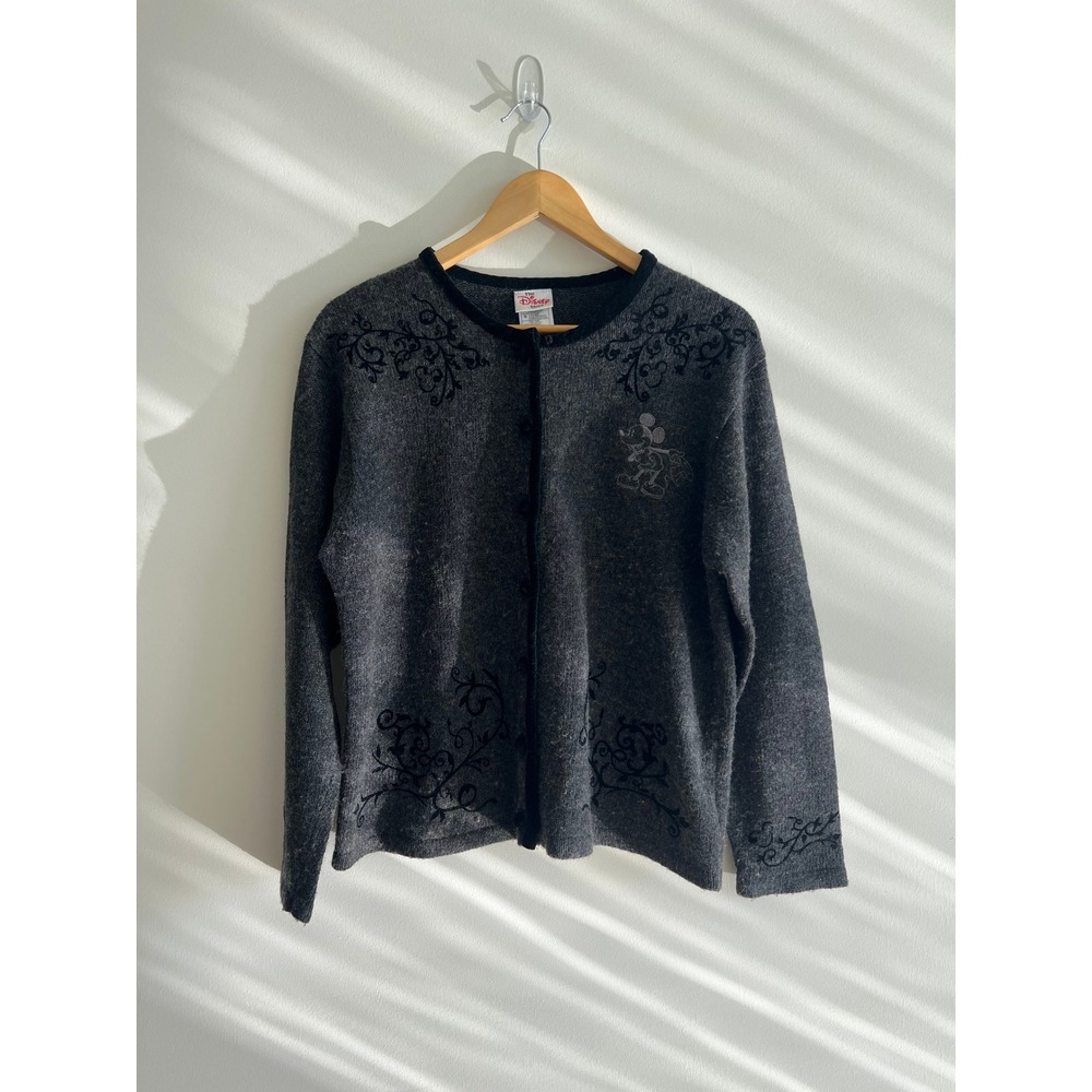Vintage Disney Store Cardigan Womens M Grey Mickey Mouse Wool Blend Embroidered